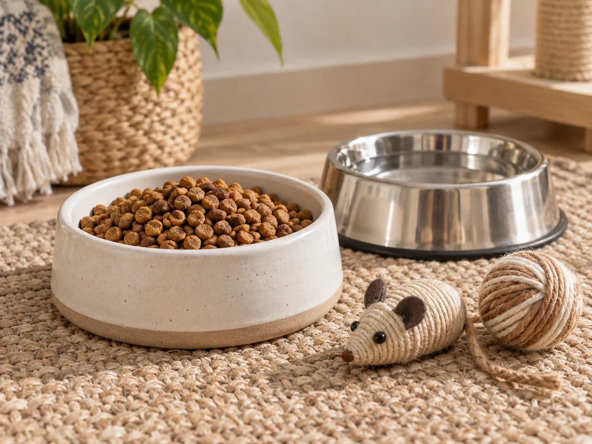 Dry cat food, feeding bowls and pet toys