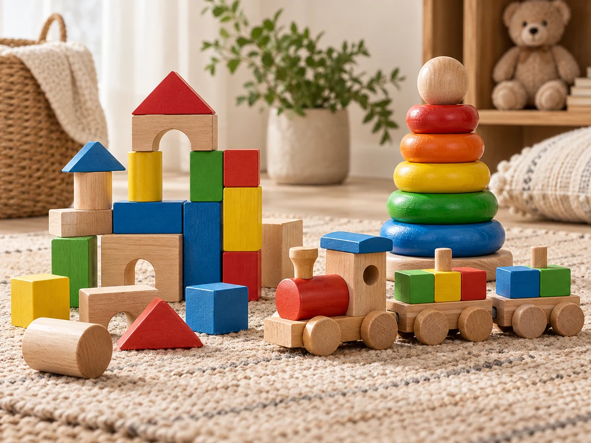 Colorful wooden blocks, stacking rings and a toy train