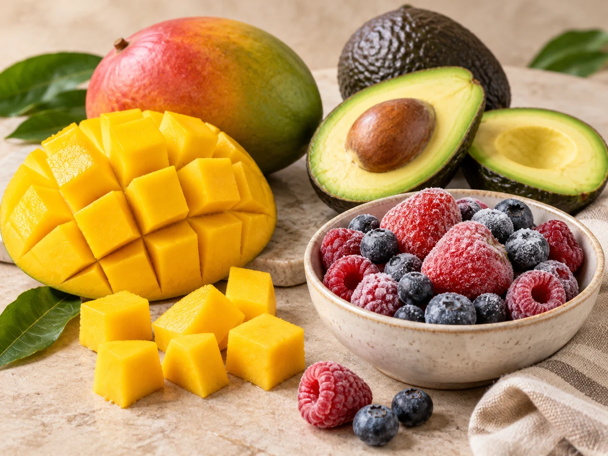Fresh mango and avocado with frozen berries