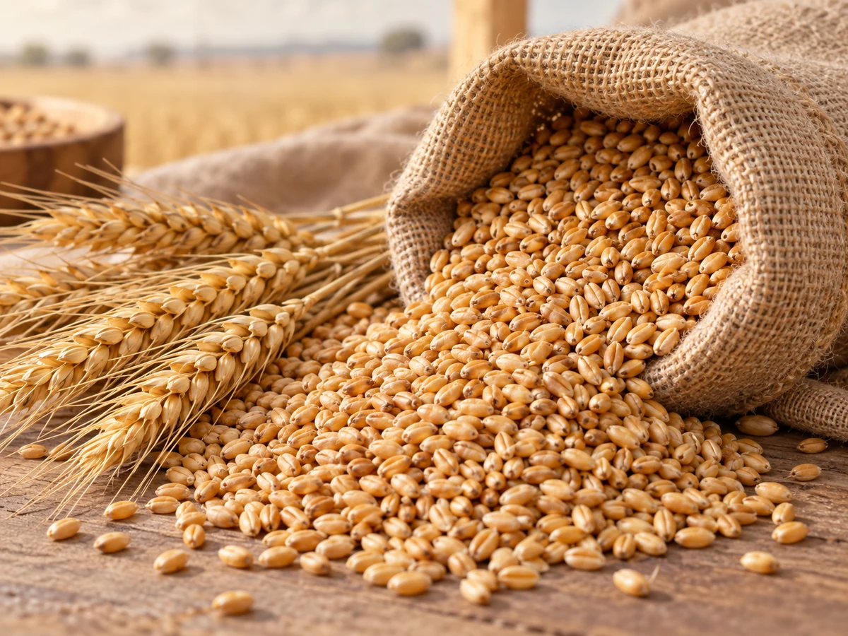 Golden wheat grains and wheat ears beside a burlap sack