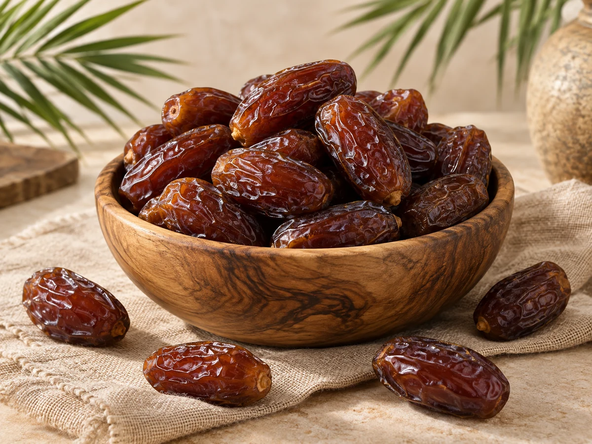 Dates presented in a wooden bowl