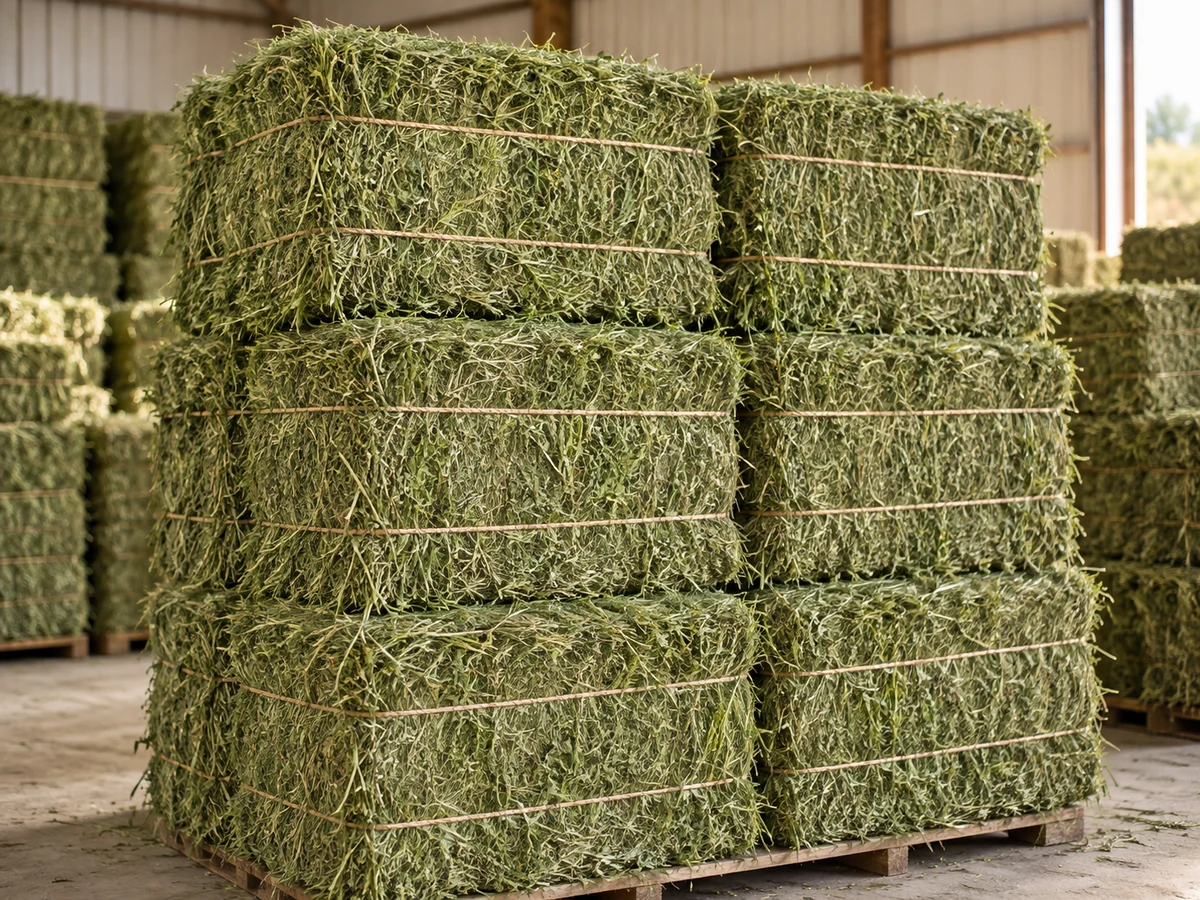 Stacked green alfalfa hay bales